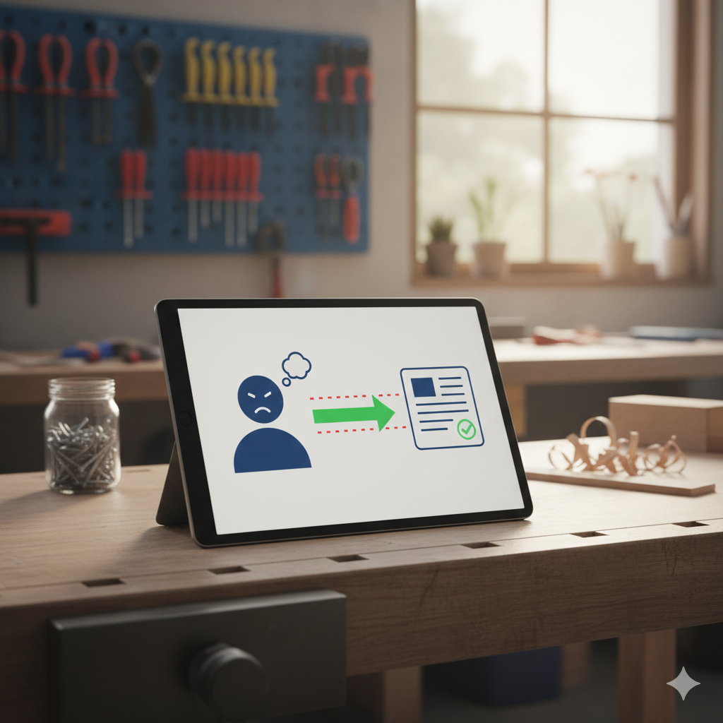 Handwerker betrachtet Website auf Laptop und Smartphone